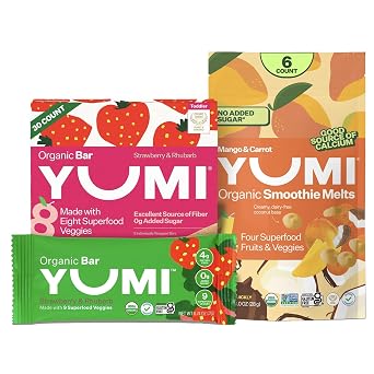Yumi Organic Toddler Snacks Bars - Gluten-Free, No Added Sugar, 7+ Vegetables, Strawberry & Rhubarb 30ct. & Yumi Smoothie Melts - Toddler, Kids & Baby Snacks, Gluten-Free, Mango & Carrot 6 ct.