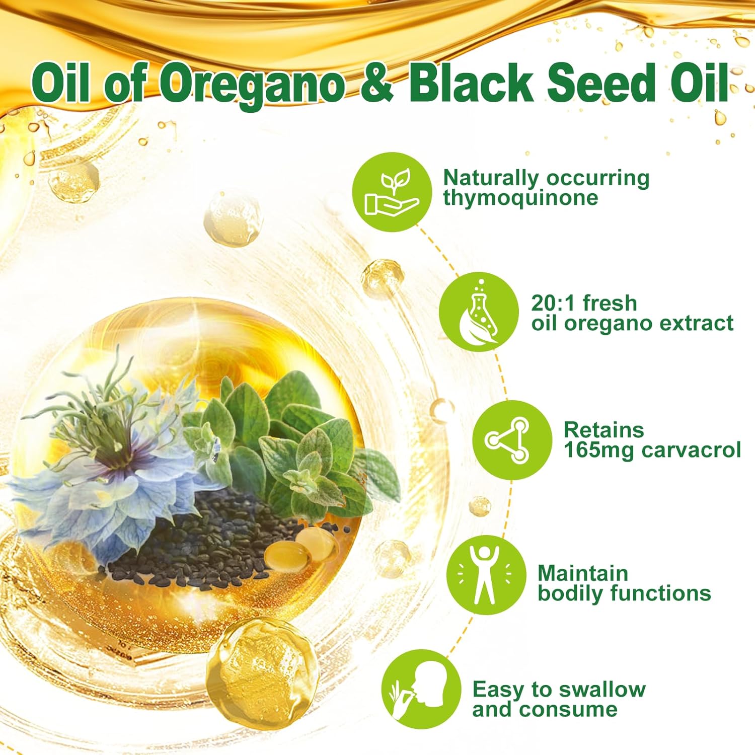 Nature's live Oil of Oregano with Black Seed Oil, 2 in 1 Oregano Supplement for Immune Health, Retains High Concentrated Carvacrol & Thymoquinone, Non-GMO, 60 Softgels, 2 Pack - Image 2