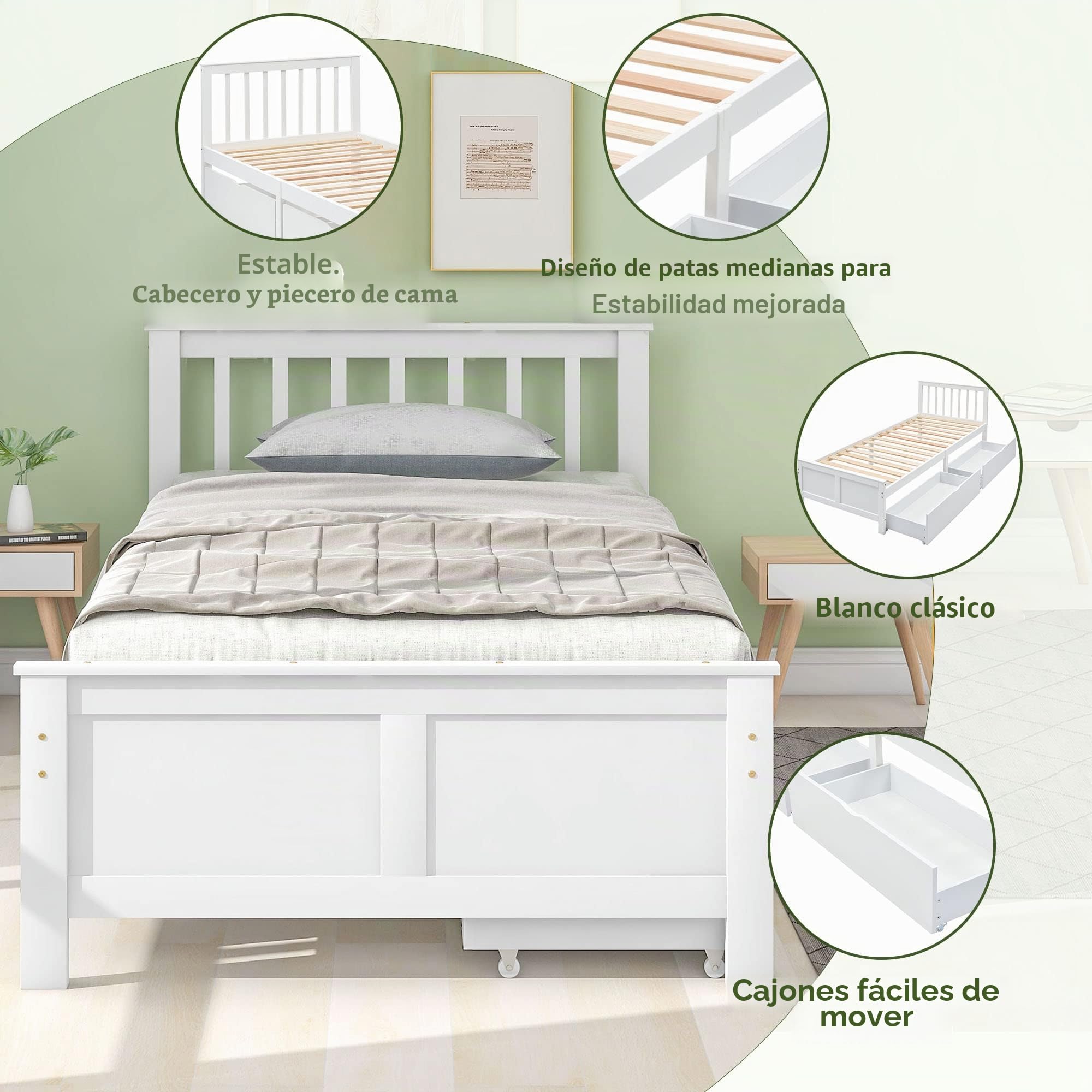 Cama de madera con cabecero y somier, 90 x 200 cm, 2 cajones para almacenamiento, individual, juvenil, para adultos, invitados, infantil, marco