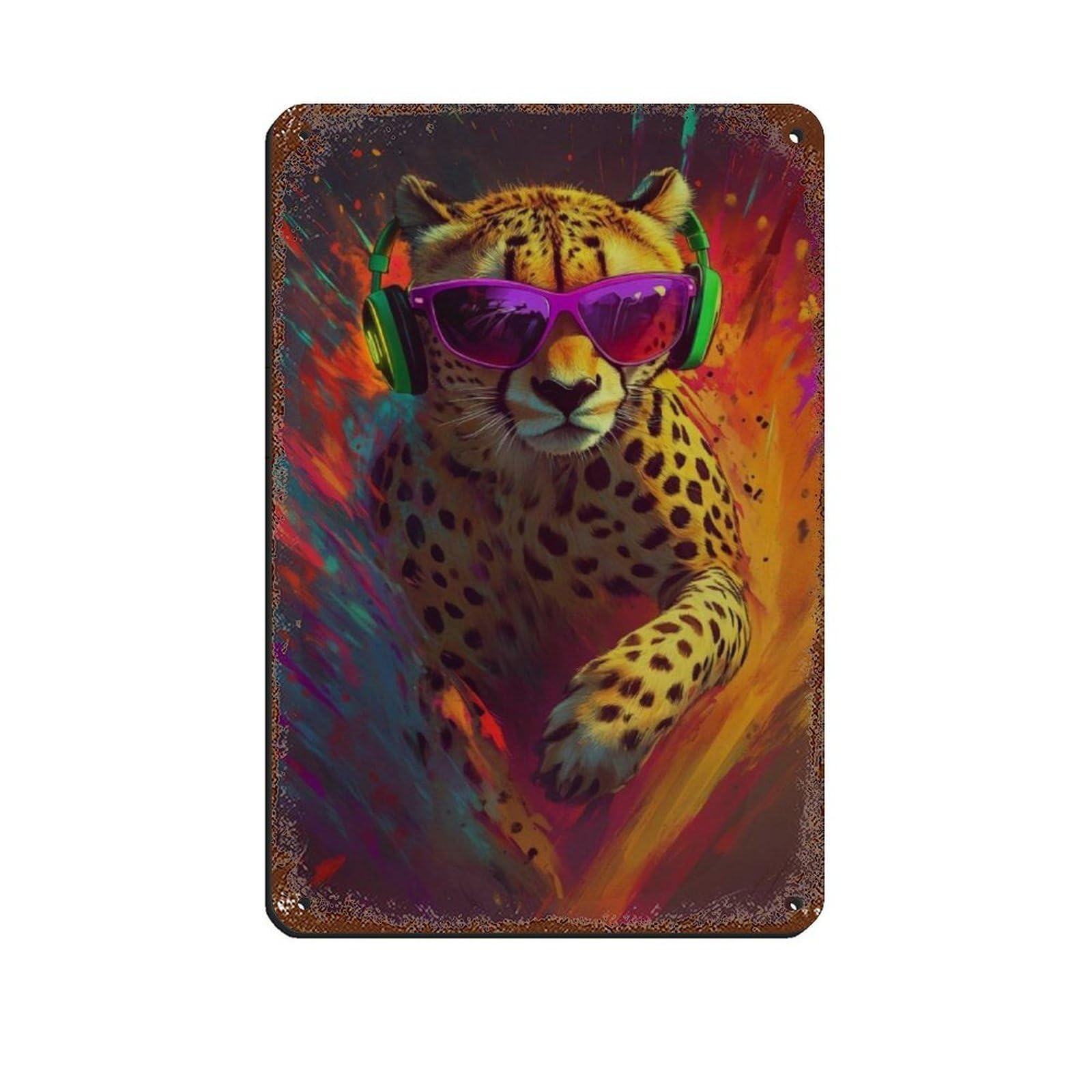 Lxwnze 20L X 30W Cm Colorful Cheetah Cool Cheetah With Sunglasses Retro Poster Metal Tin Sign Chic Art Retro Iron Painting Bar People Cave Cafe Family Garage Poster Wall Decoration 8X12inch(20X30cm)