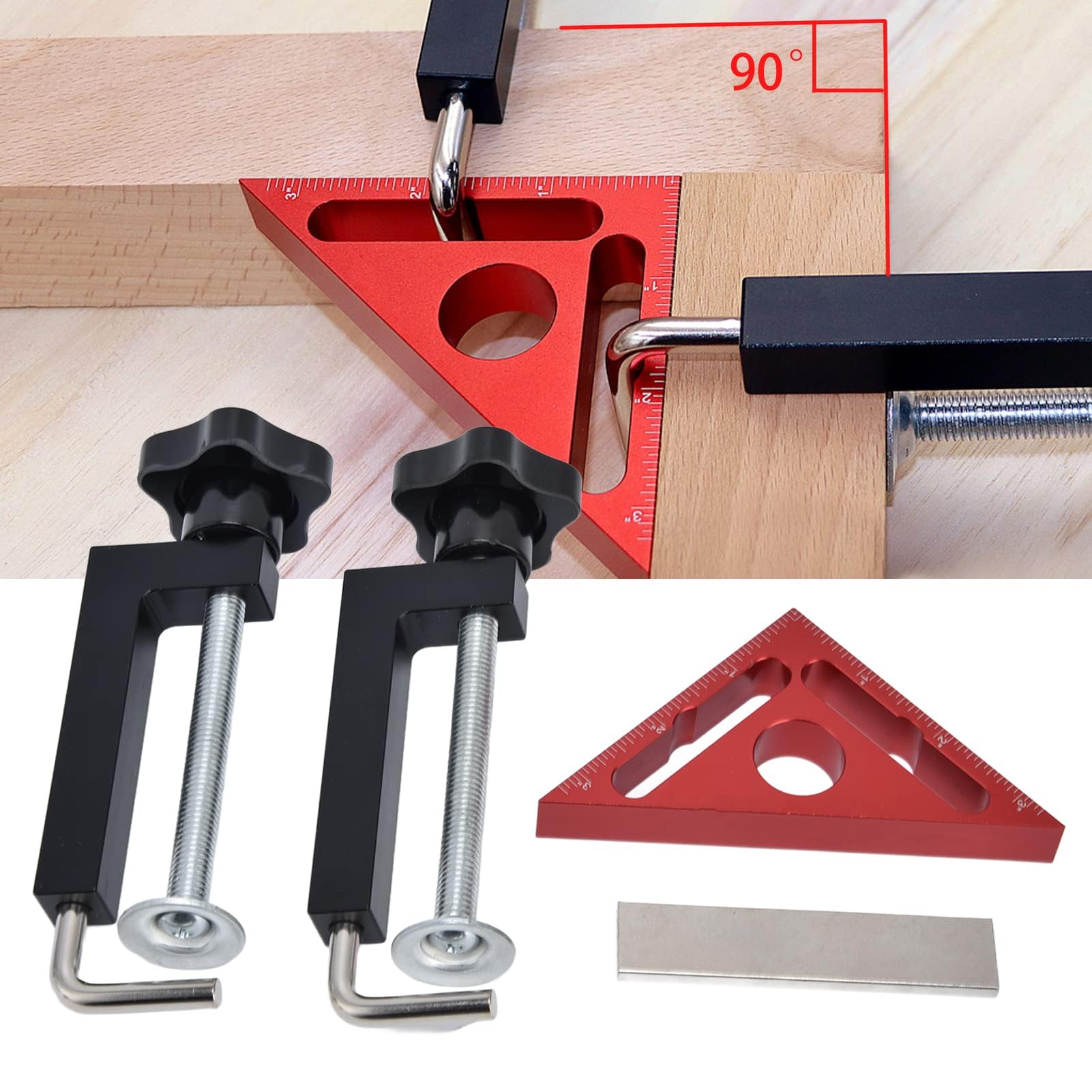 Righello angolare di posizionamento a 90 gradi, set di morsetti triangolari per la lavorazione del legno, realizzato in lega di alluminio con scale imperiali e metriche trasparenti, include righello