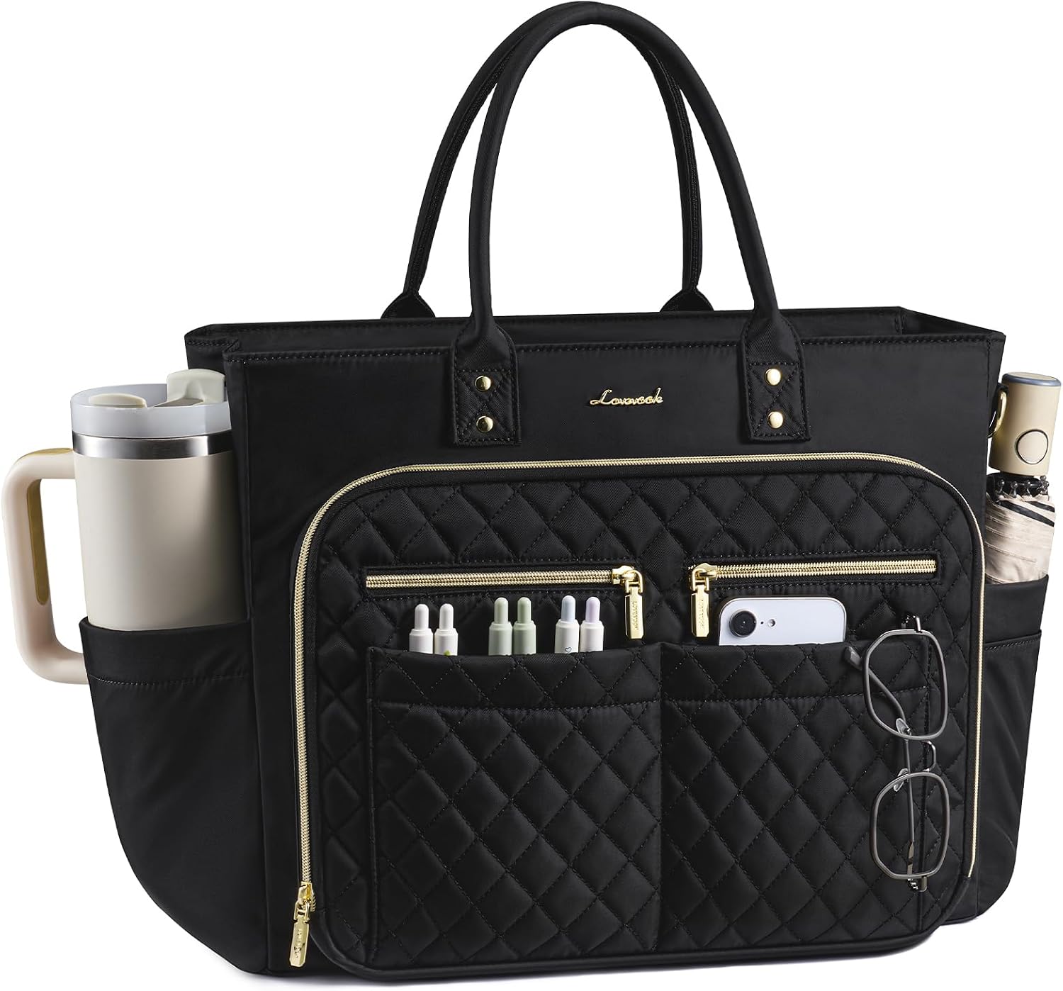 LOVEVOOK Tote Bag for Women, Teacher Nurse Work Laptop Bag, Quilted Bible Computer Shoulder Handbag for Business Travel College, Office Professional Briefcase with Large Cup Holder, Black, 15.6 Inch