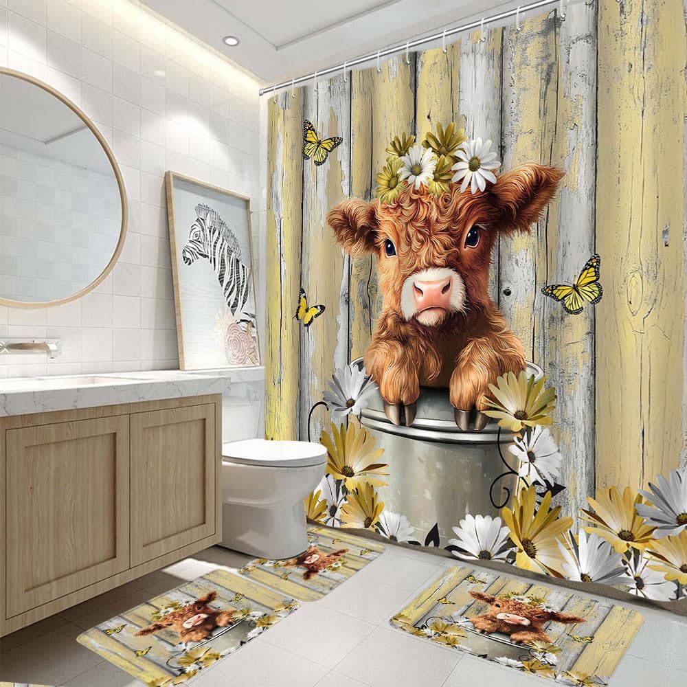 4 Piece Funny Highland Cow Shower Curtain Set with Rugs,Farm Purple Daisy Floral Rustic Western Farmhouse Animal Calf Country Wooden Board Bathroom Shower Curtain with Hooks,Bath Mat,U Shape Mat