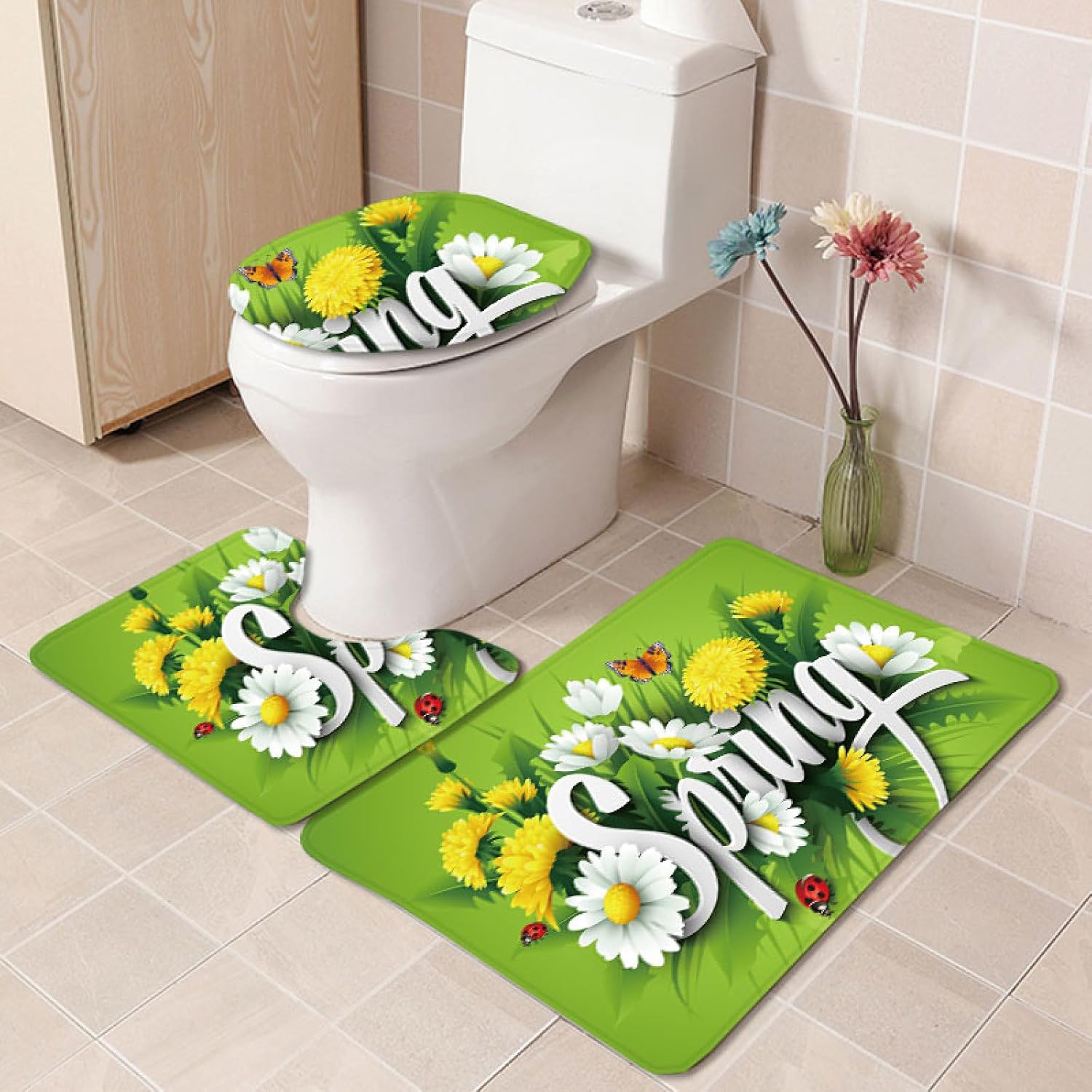 Set di tappetini da Bagno 3 Pezzi Verde Giallo Fiori Antiscivolo per Bagno Tappeto Lavabile in Memory Foam Tappeto copriwater tappetini a Forma di U 45x75 cm