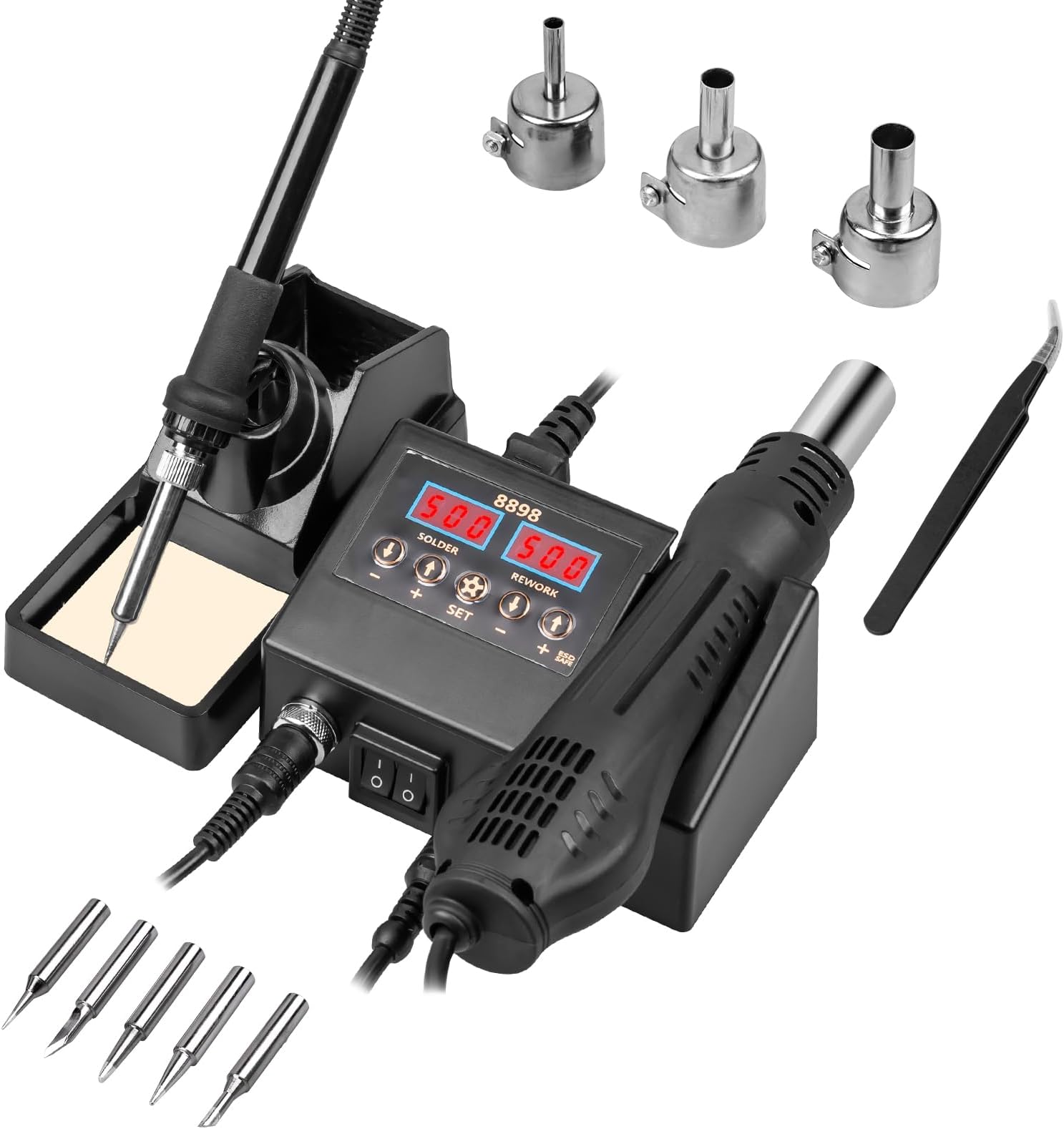 12pcs Soldering Station, 2 in 1 Hot Air Functions Digital Display Soldering Iron Soldering Kit, 8898 Portable SMD Rework Station, ºC/ºF Cool/Hot Air Conversion and Auto Sleep