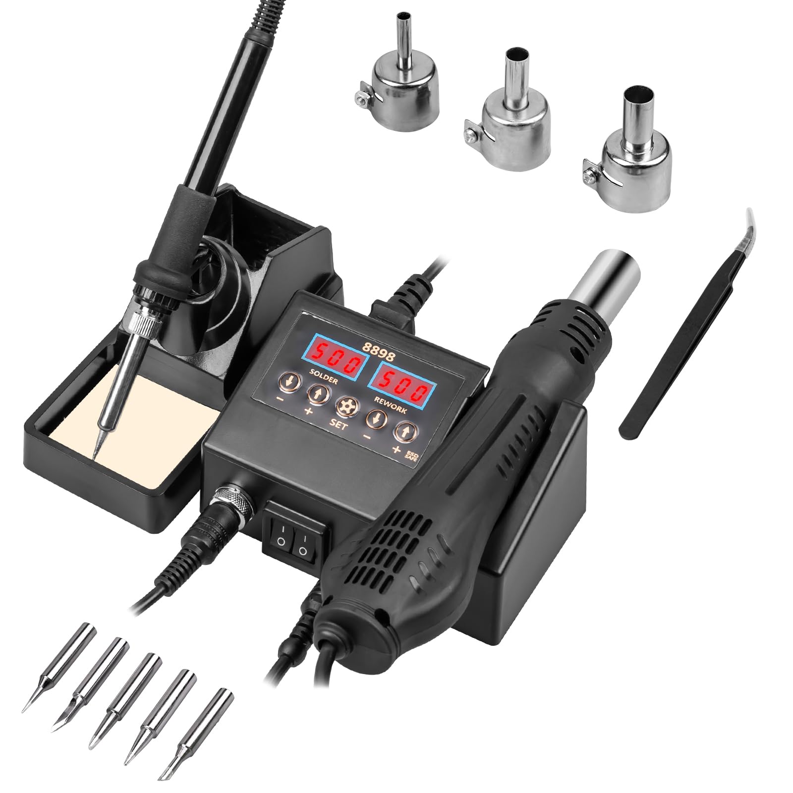 12pcs Soldering Station, 2 in 1 Hot Air Functions Digital Display Soldering Iron Soldering Kit, 8898 Portable SMD Rework Station, ºC/ºF Cool/Hot Air Conversion and Auto Sleep