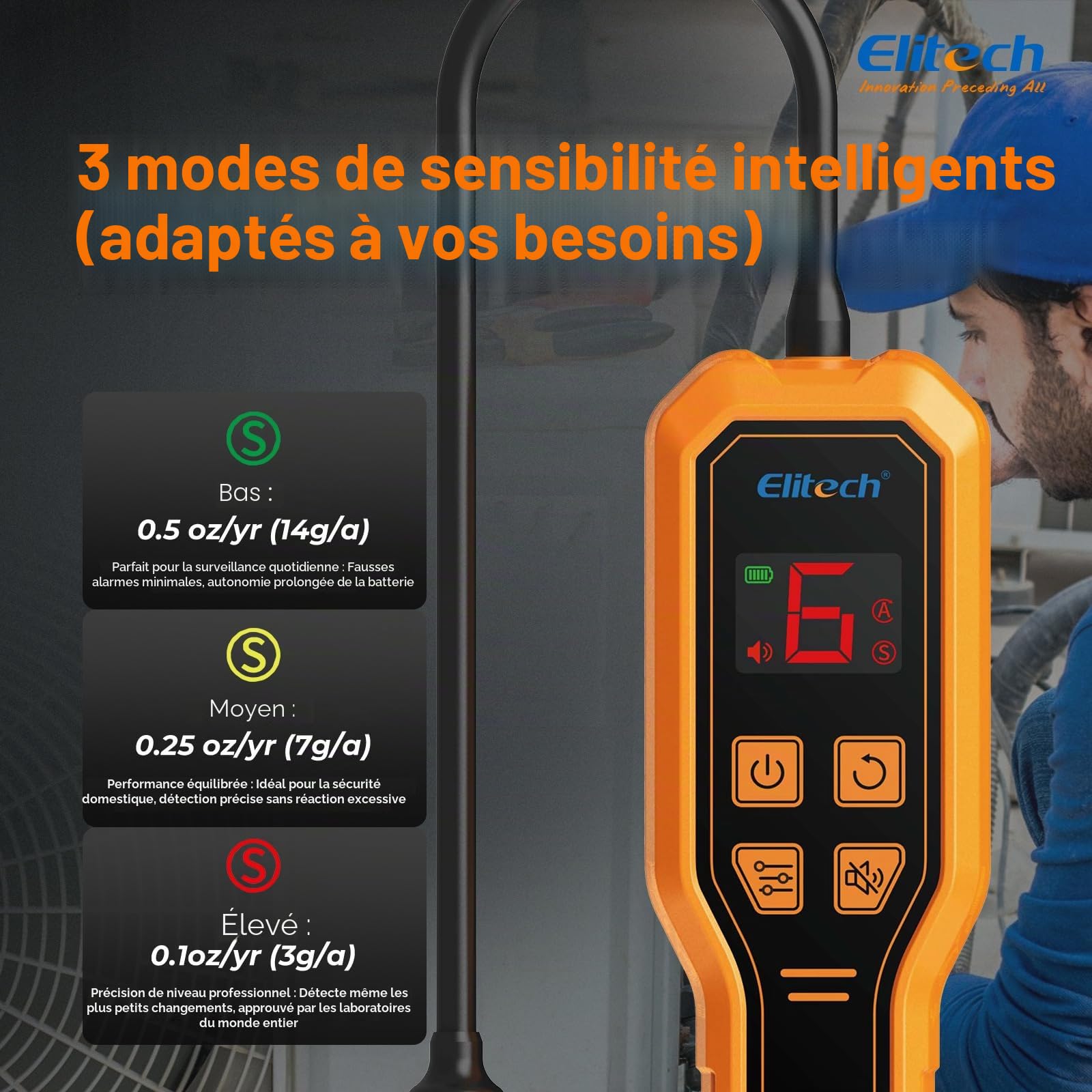Elitech Détecteur de Fuite Frigorigène Réfrigérant à Diode R32 R134a R1234yf Détecteur de Gaz HVAC pour Réfrigérateurs Climatiseurs Automobile Pompes à Chaleur, ELD-210