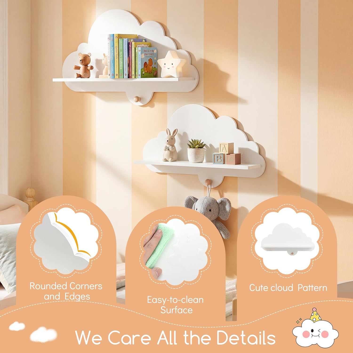 Costzon 2 Pieces Floating Cloud Shelves, Wall Mounted Kids Bookshelf w/Compartments, Cute Corner Bookshelves, Space Saving Wall Shelves for Kid's Room, Nursery, Playroom & Bedroom (Cloud)