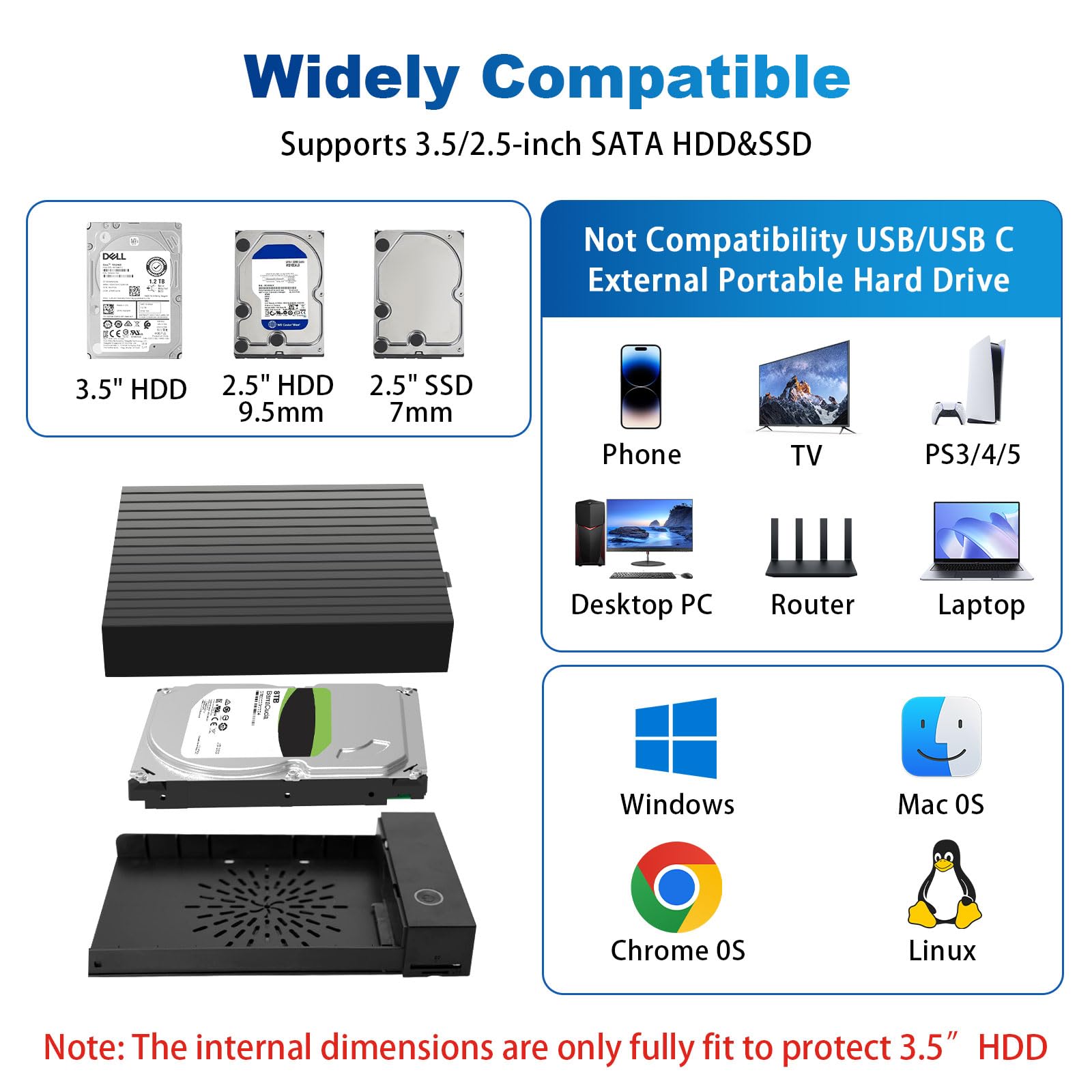 USB 3.0 Carcasa Disco Duro 3.5 para SATA SDD/HDD de 2,5/3,5", 6 Gbps Estación de Acoplamiento para Disco Duro Compatible con Tarjetas SD y TF con Adaptador de Corriente de 12 V/2 A, UASP