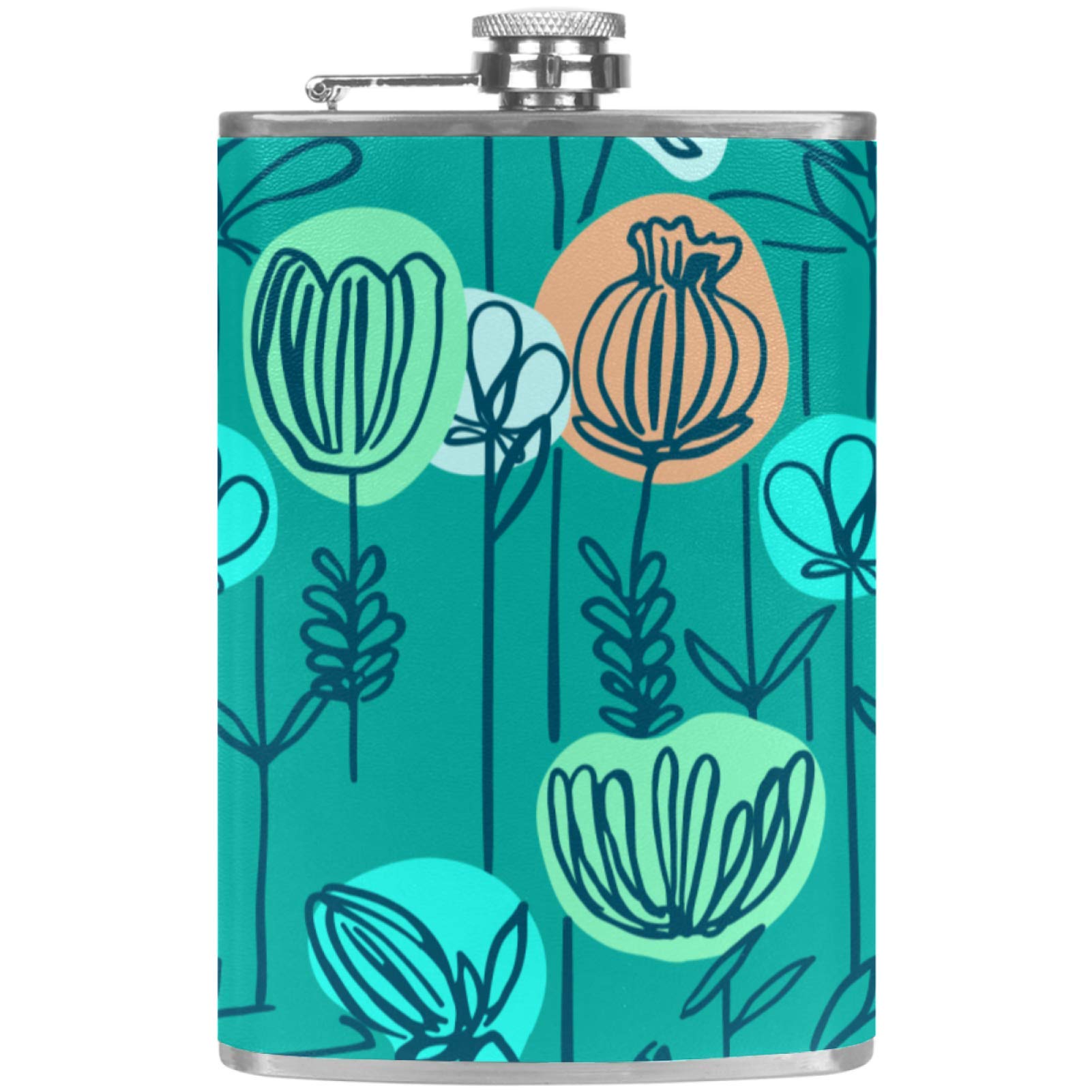 Flasque à whisky en cuir rétro avec motif fleurs bleues dessinées main