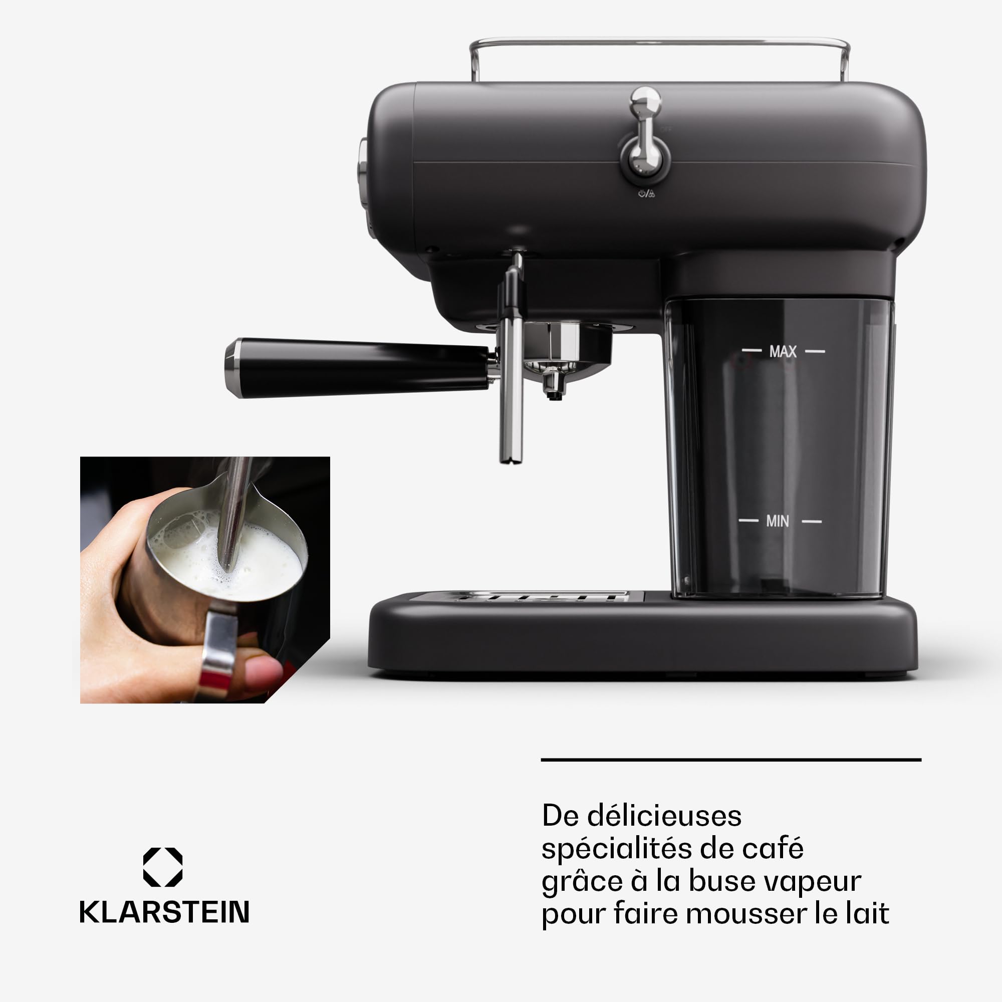 KLARSTEIN machine à expresso porte-filtre avec mousseur à lait, mini machine à expresso rétro 1,2 L avec porte-filtre, petite à café 950 W, à café en acier inoxydable pour