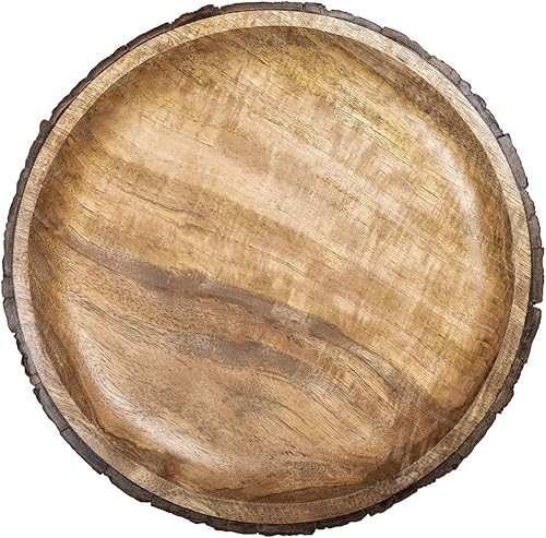 Miniatura 2 de GoCraft Plato redondo de madera para servir con corteza de árbol en los bordes, plato de pizza de madera de mango, tabla para servir, plato de