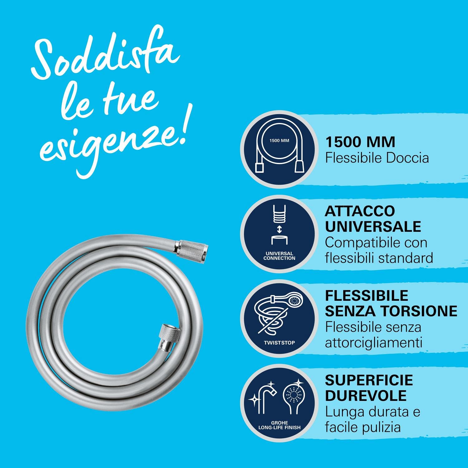 GROHE QUICKFIX VitalioFlex Trend, Flessibile doccia, 1500mm, In metallo, 28741002