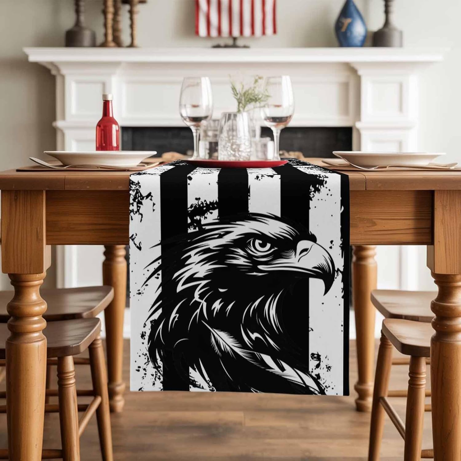 4th of July Table Runner Black American Flag Independence Day Table Runners Patriotic Eagle Table Decor Seasonal Kitchen Dining Table Decoration Holiday Decor 13" x 108"