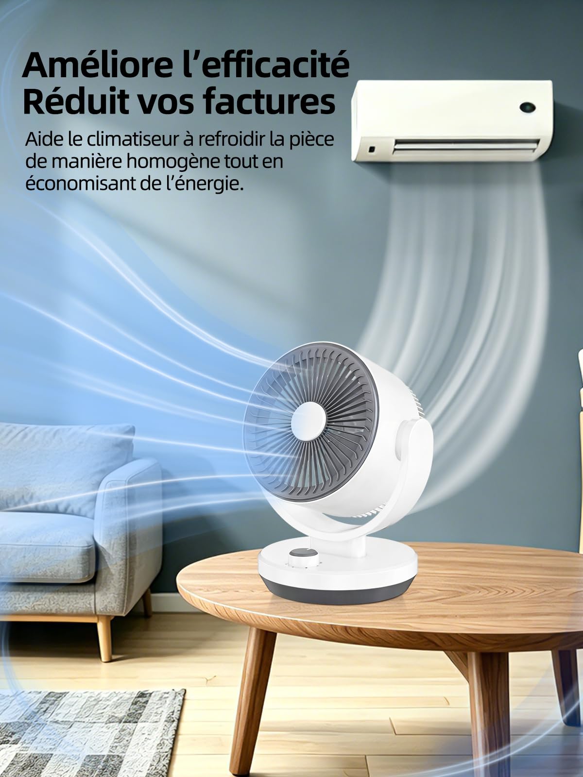 Ventilateur Silencieux Chambre,40W Ventilo Ultra Puissant Circulation d'air Turbo 3D Pour Salon Avec 3 Vitesses et Inclinaison Réglable à 90 °,Ventilateur de Bureau pour Pièces de 20m²（Rotatif）