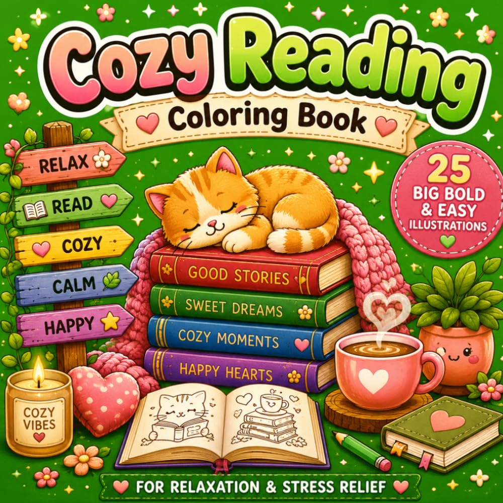 Cozy Reading Coloring Book: Big Bold & Easy Designs | Cute Cozy Coloring Book for Adults and Teens (Cozy Coloring Book Series)