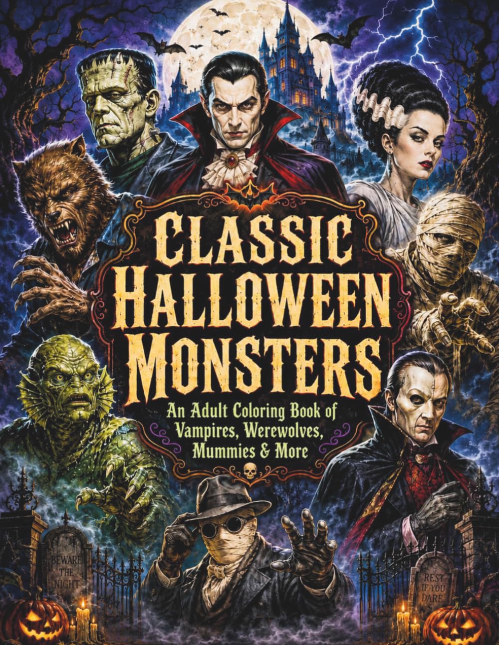 Classic Halloween Monsters: An Adult Coloring Book of Vampires, Werewolves, Mummies, and More