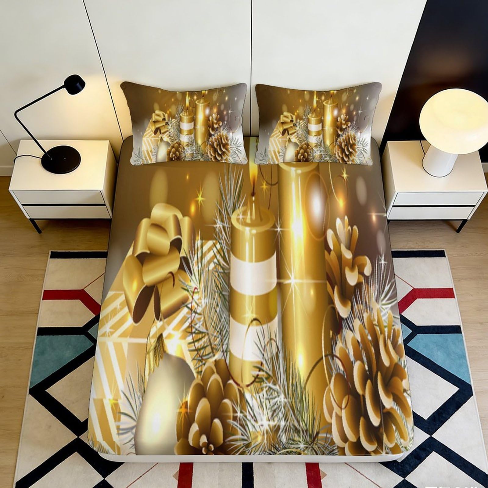 3D Printed Gold Candle Pine Cone Fitted Sheet Microfiber Anti-Slip Bed Sheet for Bedroom Guest Room Decor 90x200x25cm