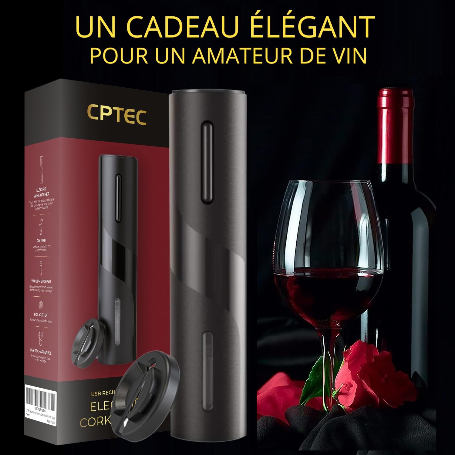 Tire Bouchon Electrique Rechargeable, Ouvre Bouteille Automatique, Coupe-Capsule, Chargeur USB, Verseur Aérateur, Bouchon à Vide, Coffret Cadeau Homme