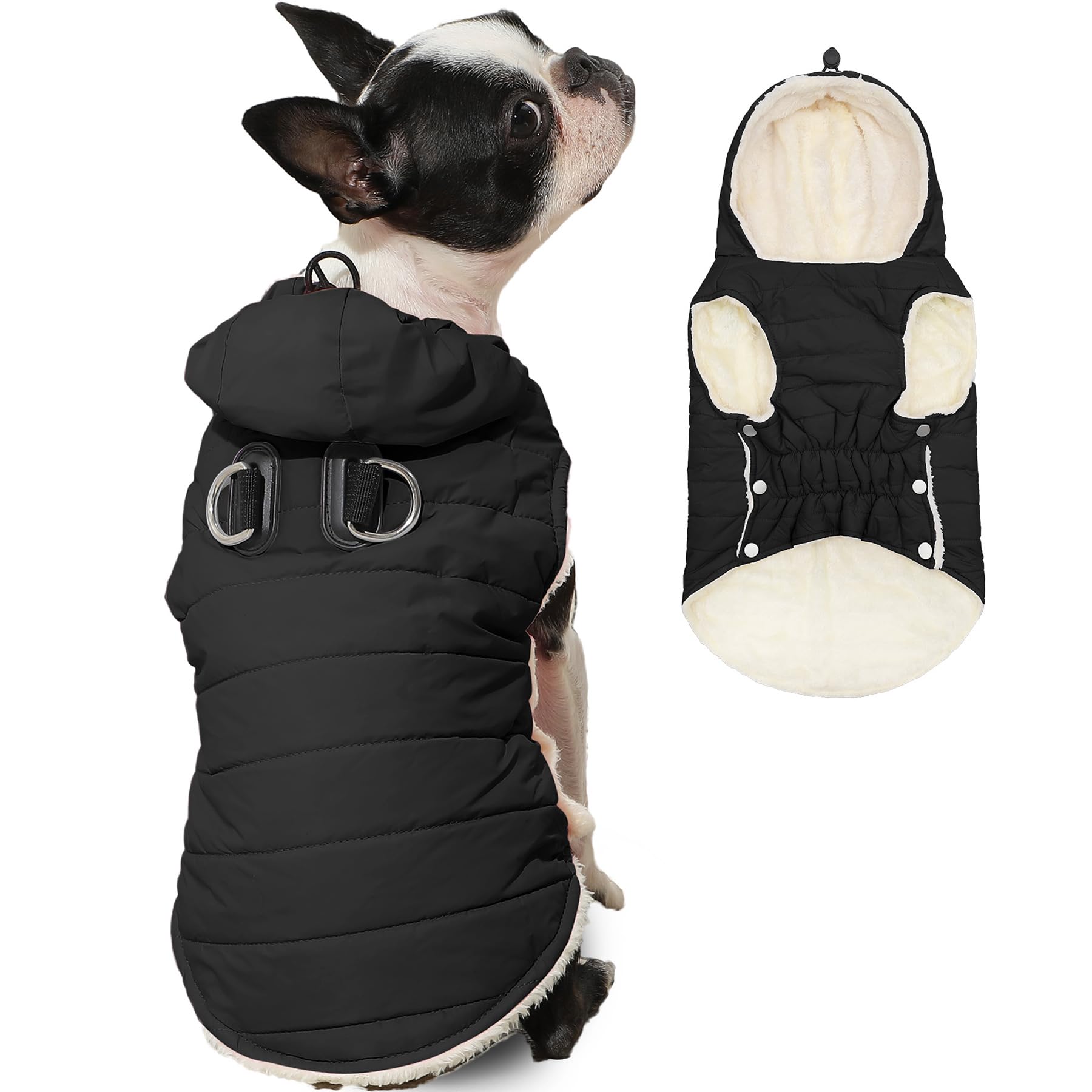 Vecomfy Fleece Lining Dog Hoodie with Harness Built in,Extra Warm Small Dog Jacket in Winter Puppy Coats with Drawstring Hooded,Black XS