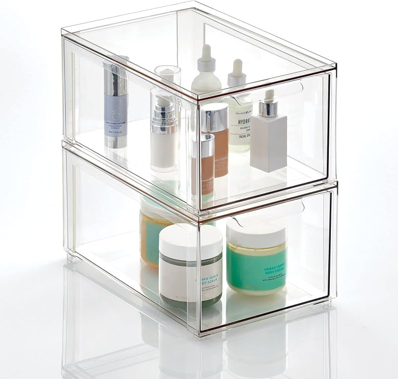 Almacenamiento de baño apilable de plástico con cajón organizador extraíble para gabinete, tocador, estante, armario o organización de armario - Colección Lumiere - Paquete de 2 - Transparente