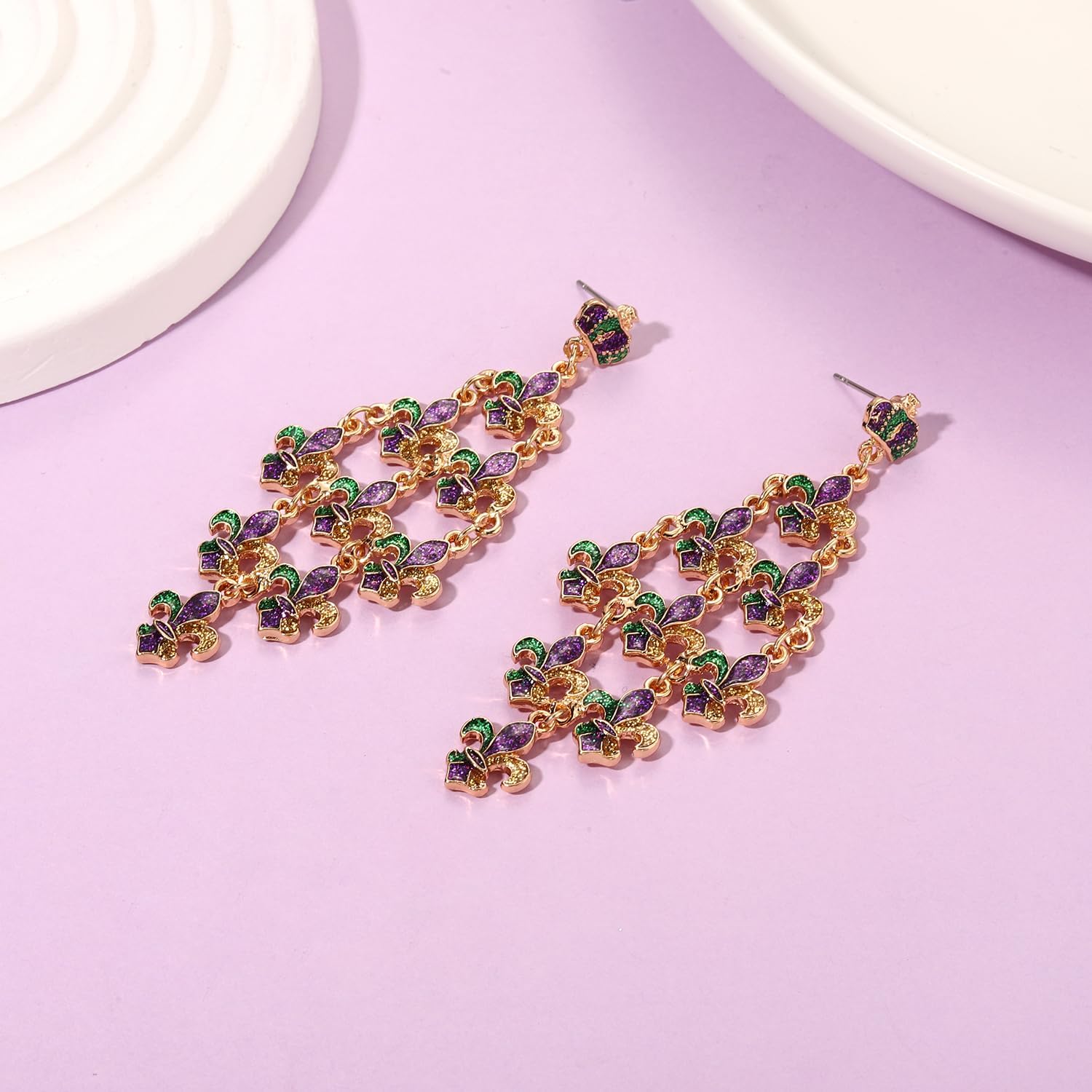 BVGA Mardi Gras Earrings for Women Multi Layers Glitter Mask Fleur De Lis Crown Drop Dangle Earrings Mardi Gras Jewelry Accessories for Fat Tuesday Celebration Carnival Parade Party - Image 8