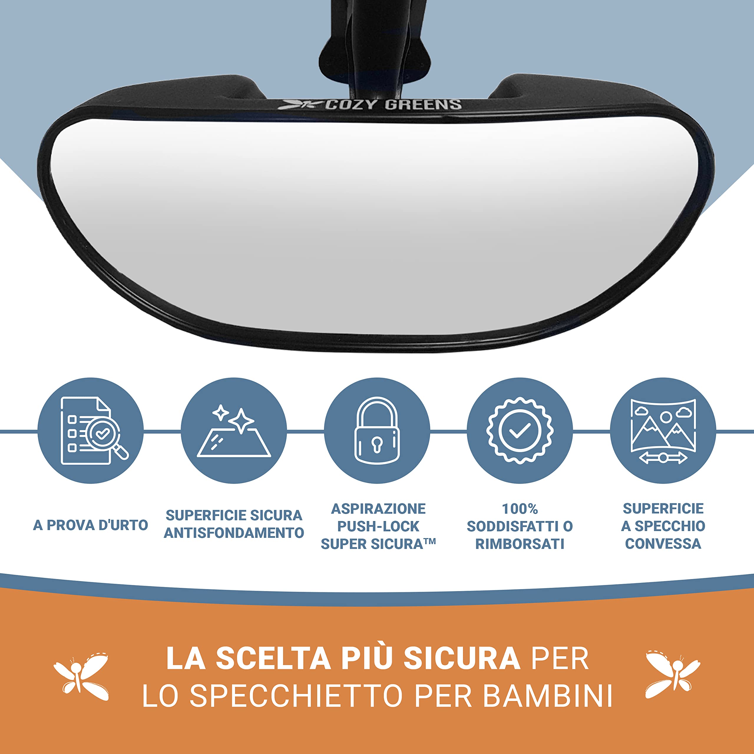 COZY GREENS Specchio Auto Per Bambini Parabrezza Per Neonati Frontale, Specchio Di Sicurezza Per Bambini Infrangibile, Ventosa Regolabile (S)