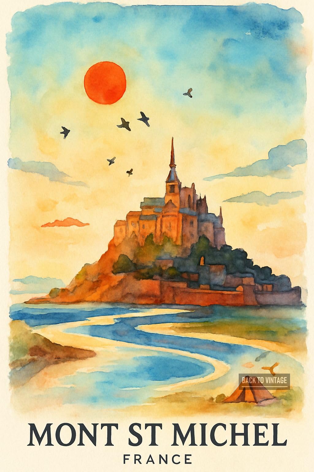 BACK TO VINTAGE Mont St Michel At Sunrise - A4 Travel City Poster Wall Art Home Decor Art Print Featuring Iconic Landmarks and Global Destinations for Interiors Inspired by Culture and Exploration