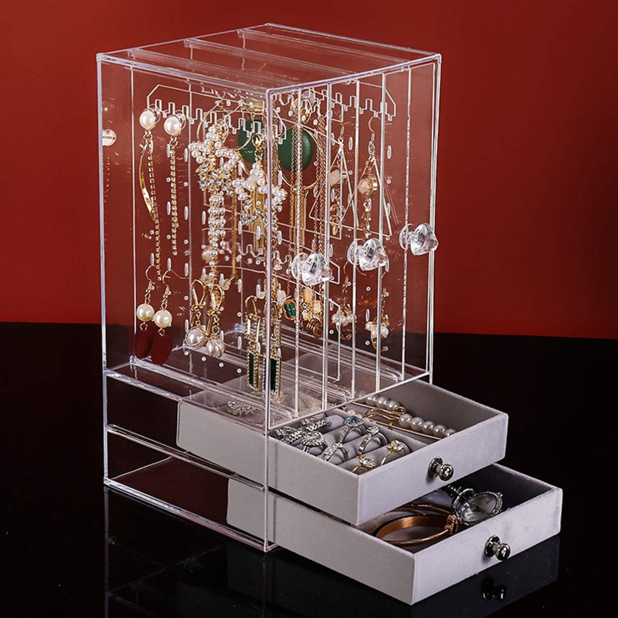 Transparent Acrylic Jewelry Storage Box Layers with Earring Holder Travel-friendly Jewelry Container for Organizing Earrings and Accessories