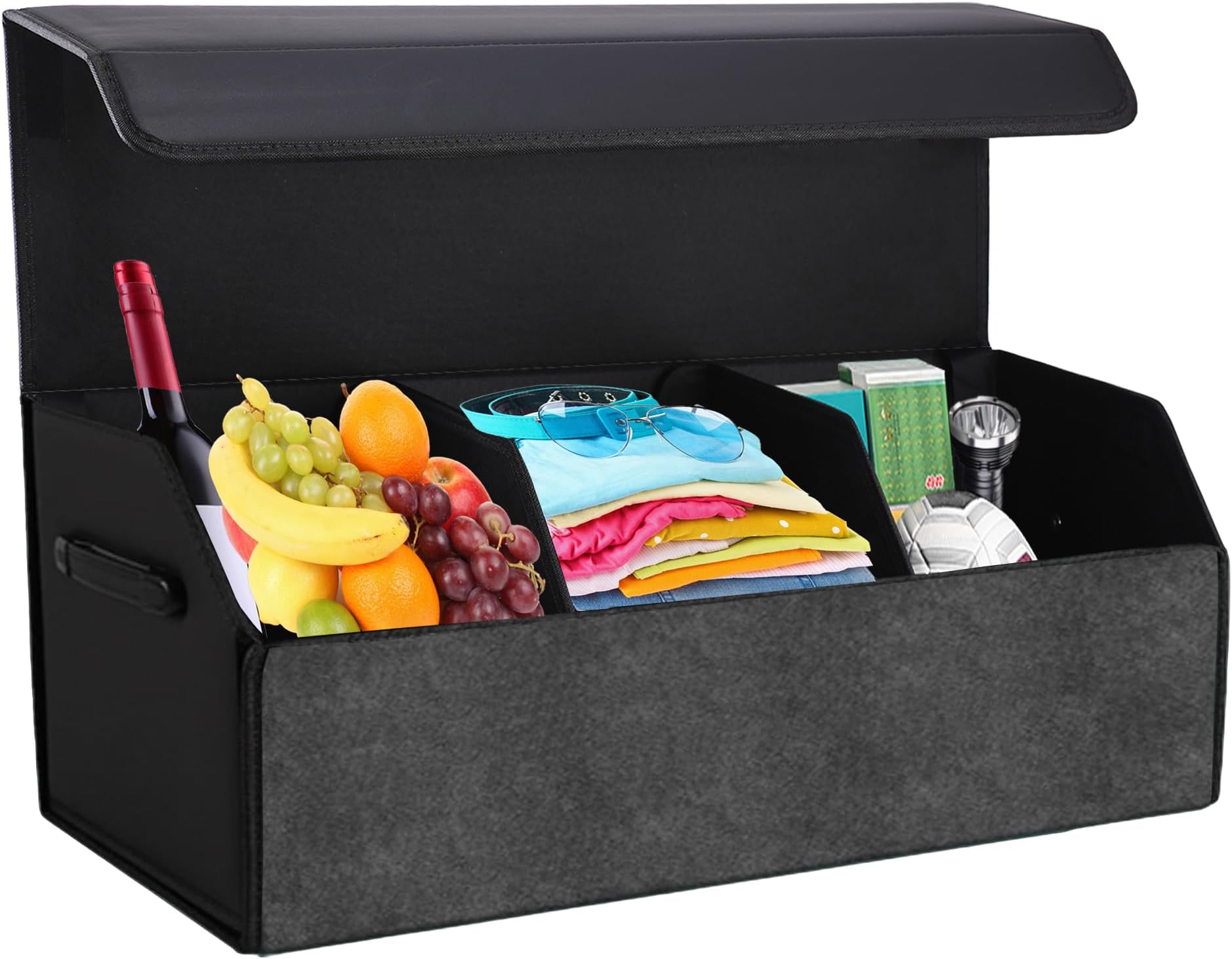 Trunk Organizer for Car, Leather Storage Box with Lid, Foldable Trunk Organizer for SUV, Waterproof Cargo Storage Box Collapsible and Adjustable with Magnetic Lock (Black)