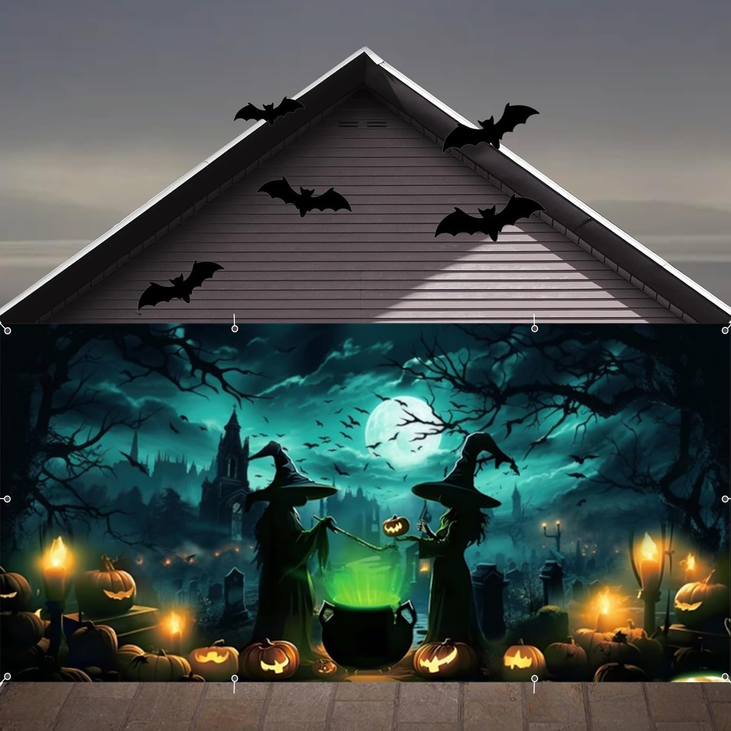 Halloween Garage Door Cover Decorations Banner 7x16ft Scary Halloween Backdrop,Large 2 Car Garage Door Cover,Horror Forest Witch Castle Wall Decor for Outdoor Holiday Decorations