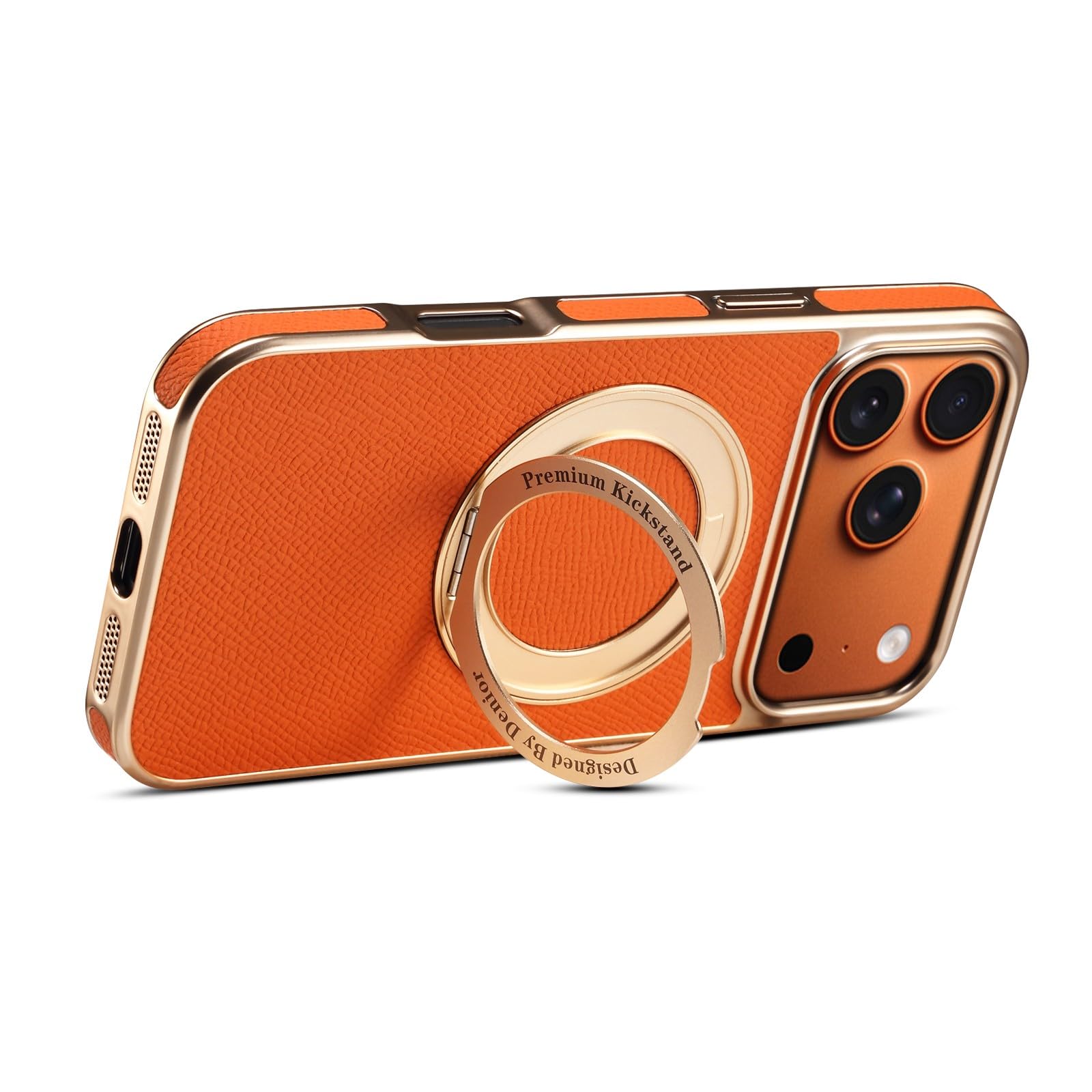 Coque iPhone 14 Pro Max orange support métal pour vidéos et appels mains libres - 6