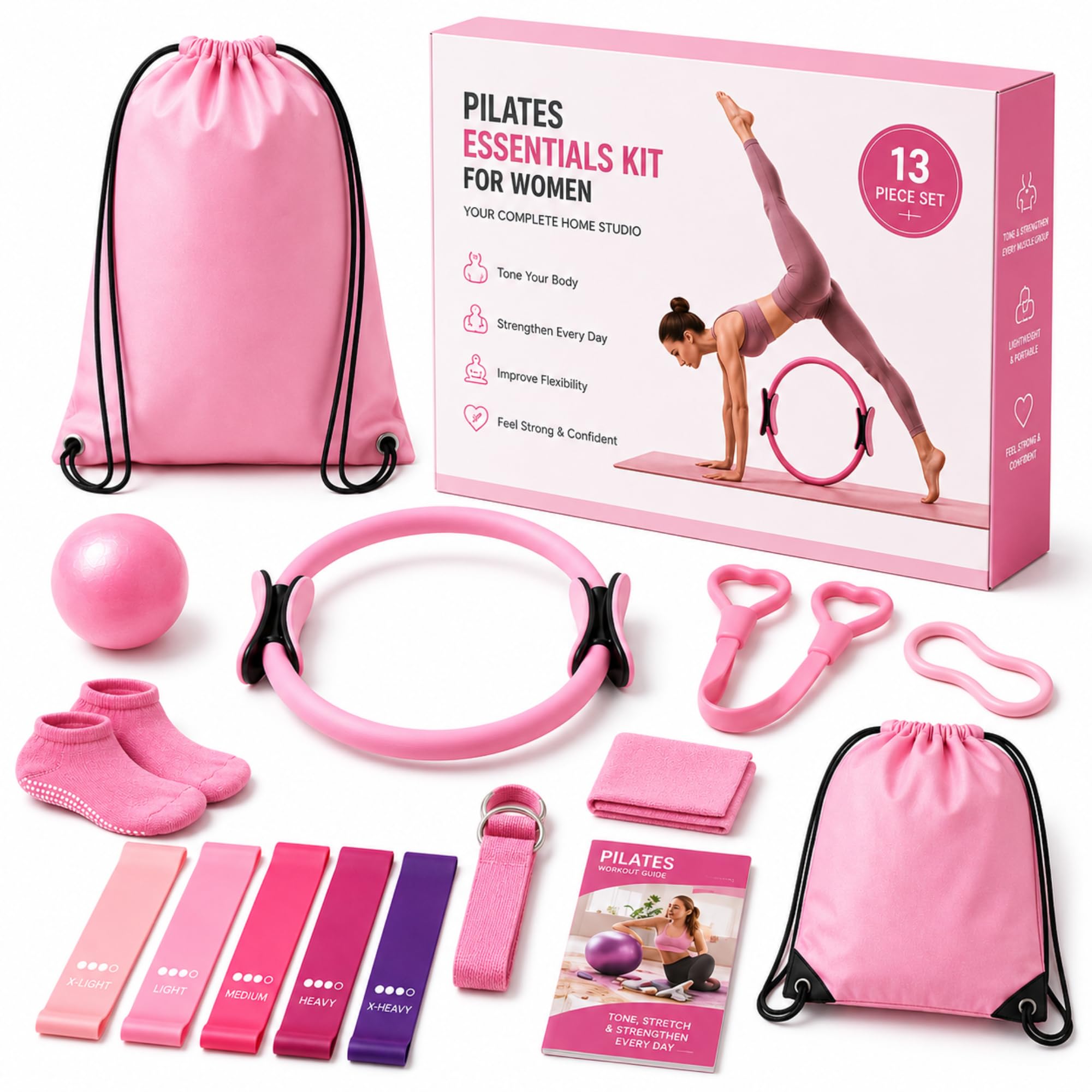 Shopstop 13 Piece Pilates Kit for Women, Pilates Set with Ring, Ball, Resistance Bands, Yoga Socks, Stretch Strap & Carry Bag, Home Workout Equipment Accessories for Beginners