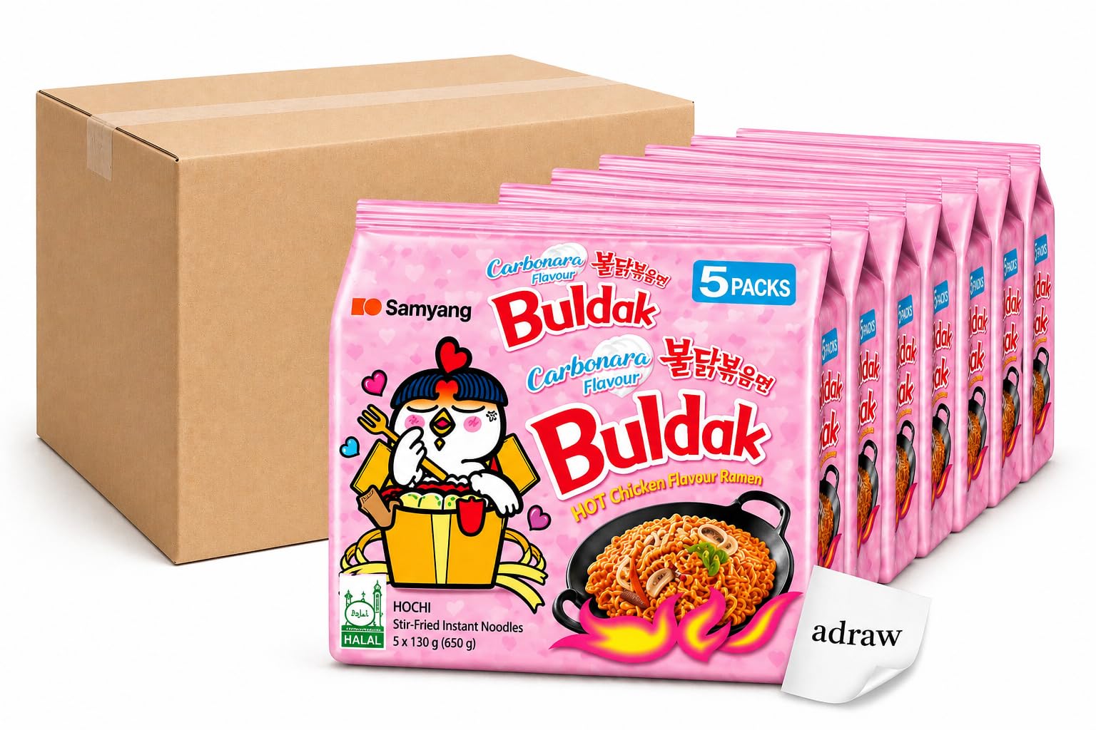 Samyang Buldak Carbonara Hot Chicken Flavour Ramen 40er Pack | Koreanische Instant-Nudeln | Cremig-scharfe Carbonara Ramen | 40 x 130 g + adraw Sticker