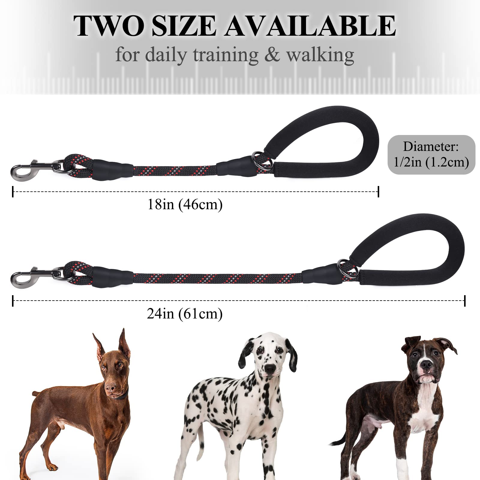 VIVAGLORY Correa Corta para Perros con Mango Cómodo, 46CM Cuerda Resistente Correa Corta para Paseo y Entrenamiento Reflectante para Perros Medianos y Grandes, Negro