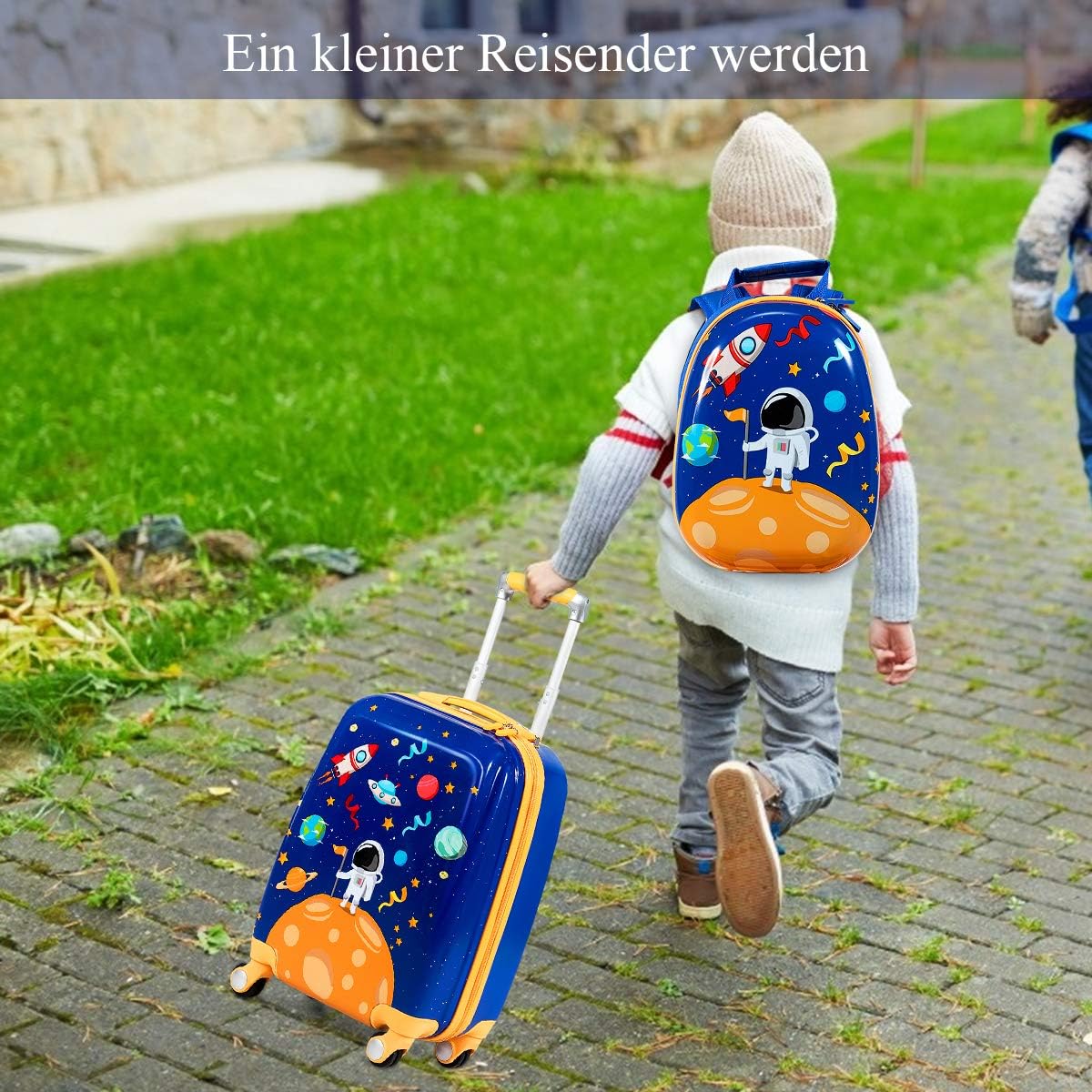 FANTASK Valigia per bambini + zaino, trolley per bambini in plastica, bagaglio per bambini, bagaglio a mano, valigia rigida per ragazzi e ragazze