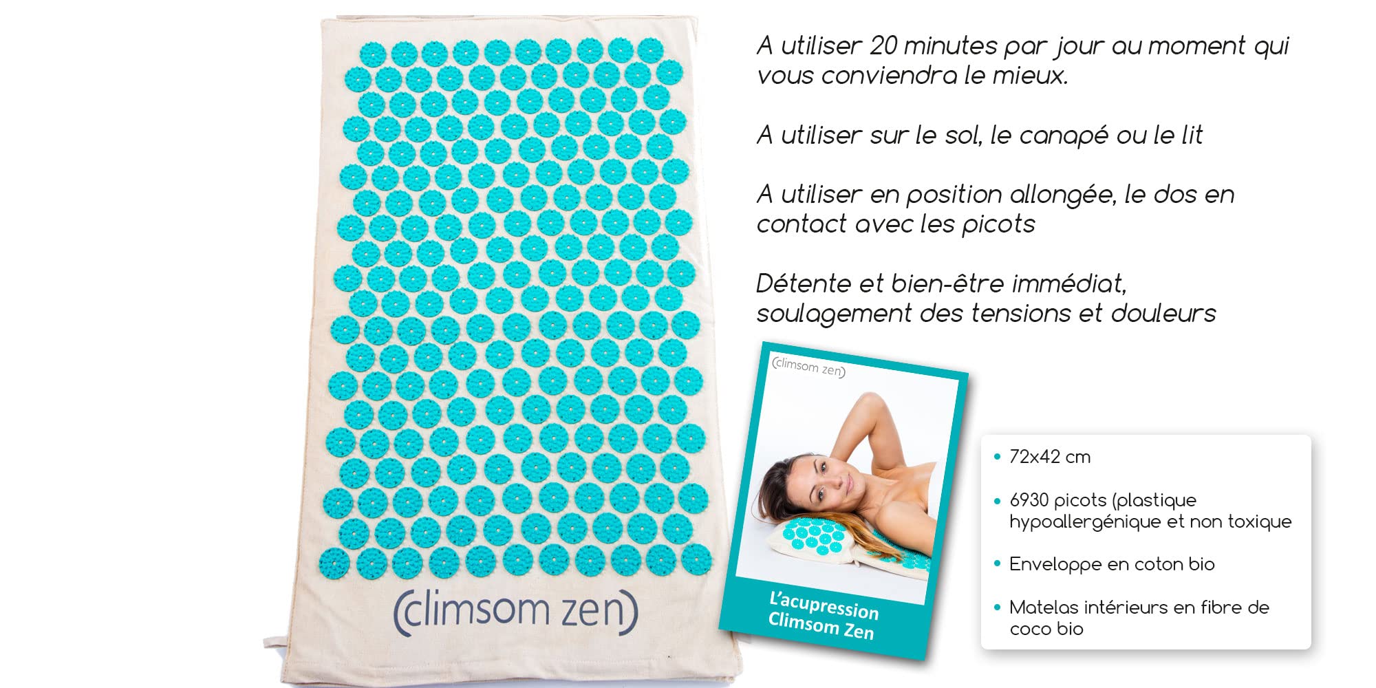 CLIMSOM Zen – Tapis d’acupression, textiles 100% naturels et biologiques, sac en toile de jute et livret de conseils inclus, massage du dos à domicile (Bleu-Vert)