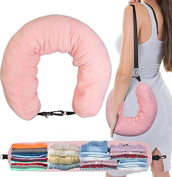 1/2PCS Travel Pillow Stuffable with Clothes As Carry-On Luggage Fits Up to 3 Days of Travel Essentials, Multifunctional U-Shaped Pillowcase for Business, Trip, Outdoor 1PCS-Pink