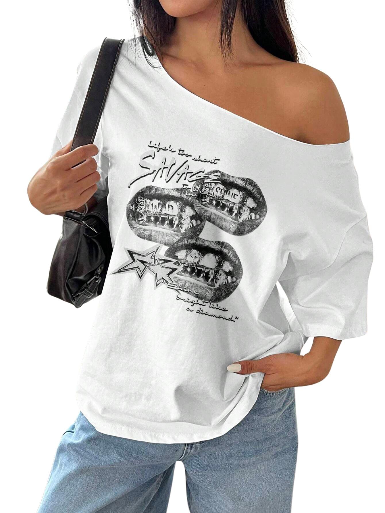 SXV STYLE Women's Off Shoulder t Shirt, Savage Lips Graphic Print, Long Sleeve, White and Black