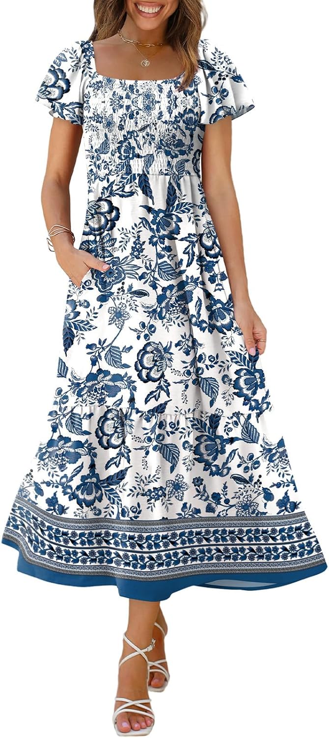 OFEEFAN Summer Dresses for Women Square Neck Ruffle Sleeve Smocked Maxi Dress with Pockets
