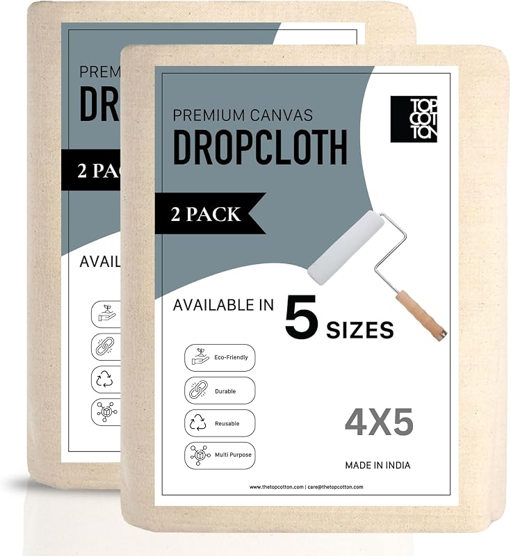 4x5ft Recycled Cotton All Purpose Canvas Tarp Cover Painter Drop Cloth-2Pk | Top Cotton Reusable Paint Drop Cloth,Canvas Tarp Cover for Painter, Furniture, Floor Protection, Painters Dropcloth