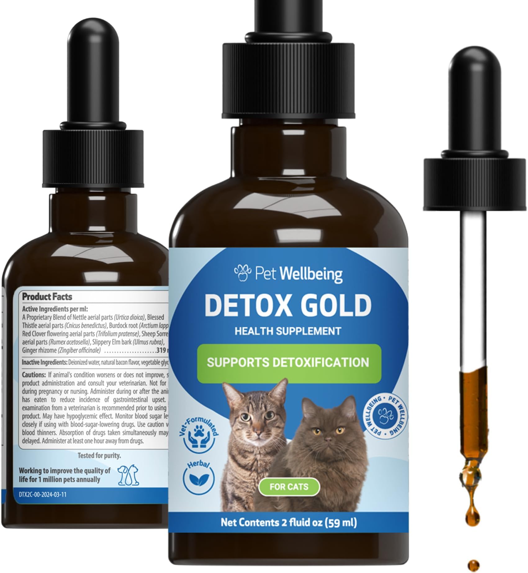 Pet Wellbeing Detox Gold for Cats - Gentle Detoxification & Elimination Support, Immune System Care, Nettle, Blessed Thistle, Burdock root - Veterinarian-Formulated Herbal Supplement 2 oz (59 ml)