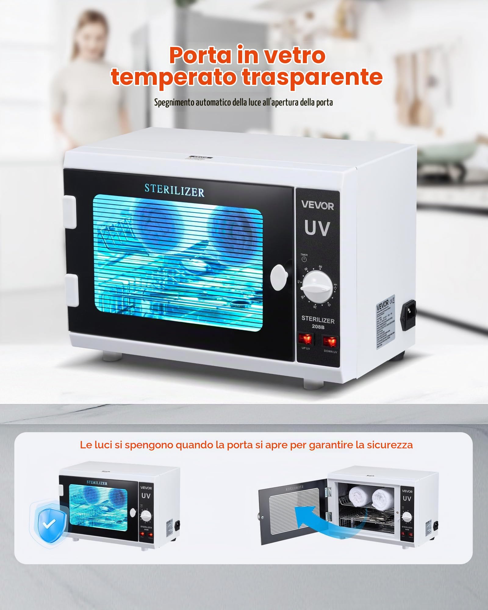 VEVOR Sterilizzatore per Utensili da Manicure, Capacità 12 L Contenitore Multifunzionale per Pulizia degli Utensili, Controllo Tramite Manopola, Lunghezza d'Onda 185 nm per Laboratori, Centri Estetici