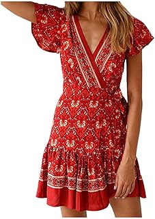 Womens Boho Mini Dress Lace Trim V Neck Floral A Line Dress Cap Sleeve Party Dress Bohemian Sexy Sundress for Girls - Buy now