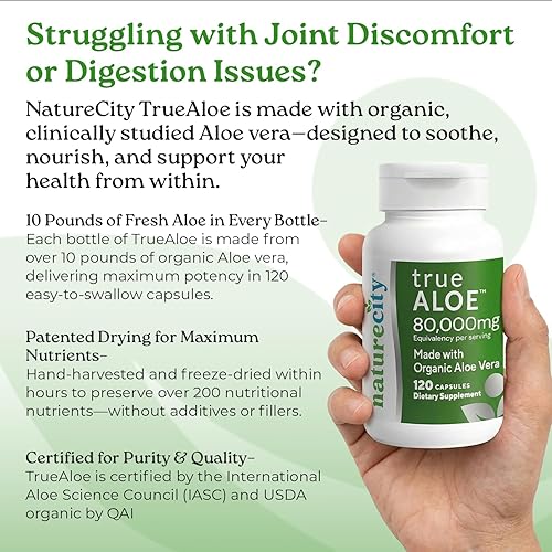 Miniatura 4 de NatureCity True-Aloe 80,000 mg equivalente de gel de aloe vera por porción, fabricado con aloe vera orgánico (360 cápsulas) soporte digestivo, piel