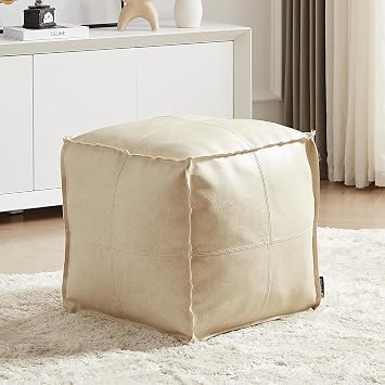 Louis Donne 17.7 Inch Unstuffed Square Pouf Ottoman Cover, Handmade Faux PU Leather Foot Rest Cover, Storage Floor Chair Cushion Case,White Decorative Pouf for Living Room Home,Only Cover No Filler