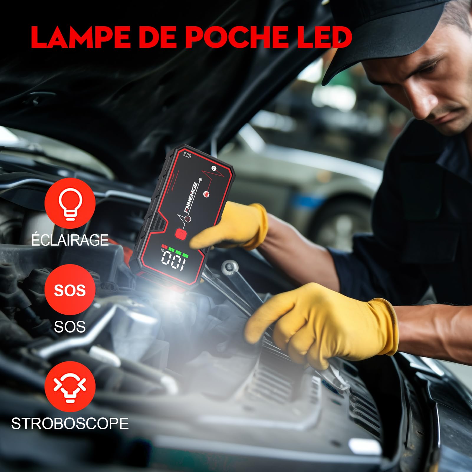 FNNEMGE Booster Batterie, 4000A 21800mAh Portable Jump Starter, Démarrage de Voiture (Jusqu’à 8.0 L Essence 6.5L Gazole), Jump Starter avec Port de Charge USB, lumière LED, HD Écran Large.