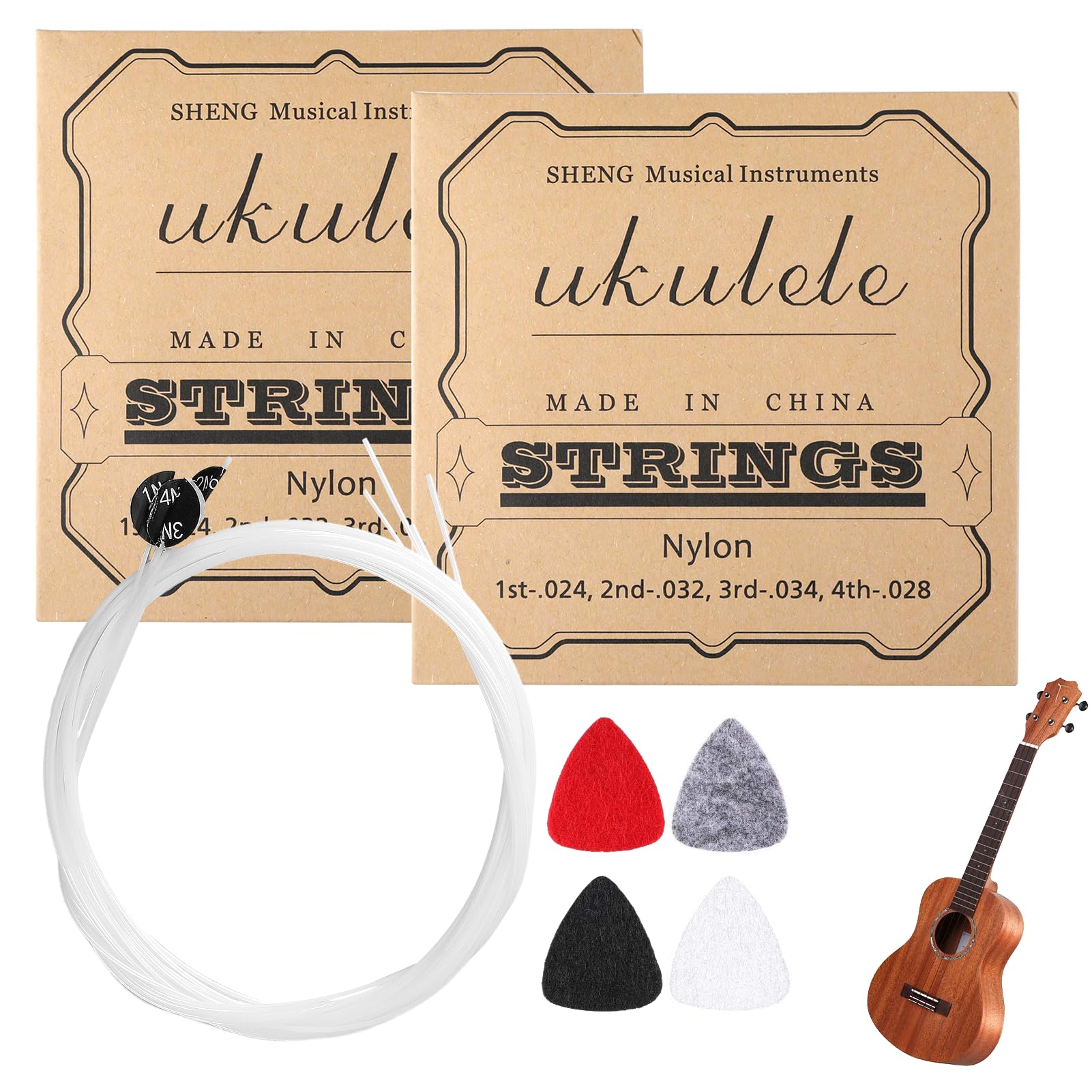 2 Sets Nylon Ukulele Strings with 4 Felt Picks White Replacement Ukulele Strings Universal Classical Ukulele Musical Instrument Accessories for Soprano and Concert Ukes