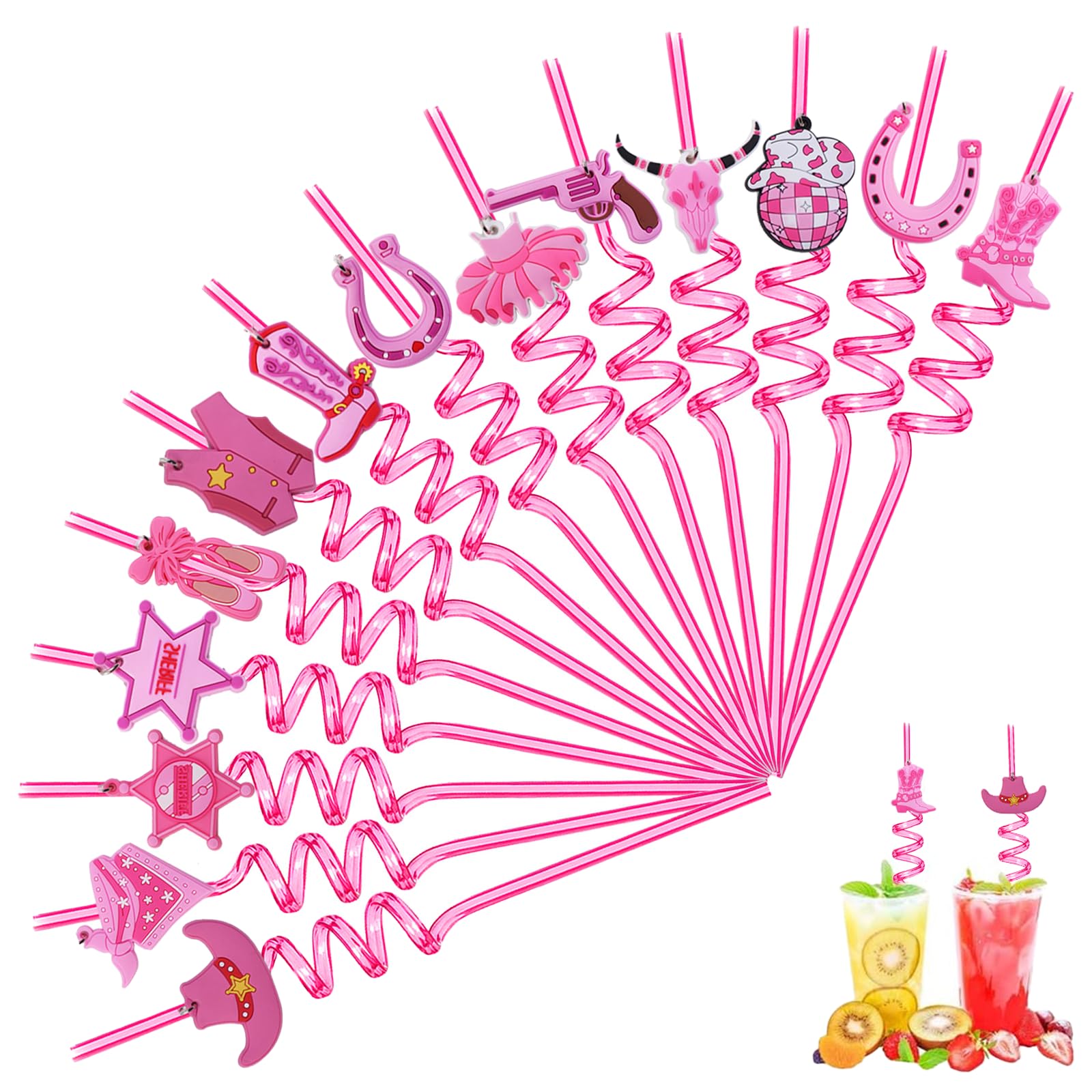 14Pcs Pink Cowgirl Straws, Reusable Western Cowboy Straw with Fun Adjustable Pattern, Cocktail Straw for Bachelorette Birthday Cowboy Theme Decor
