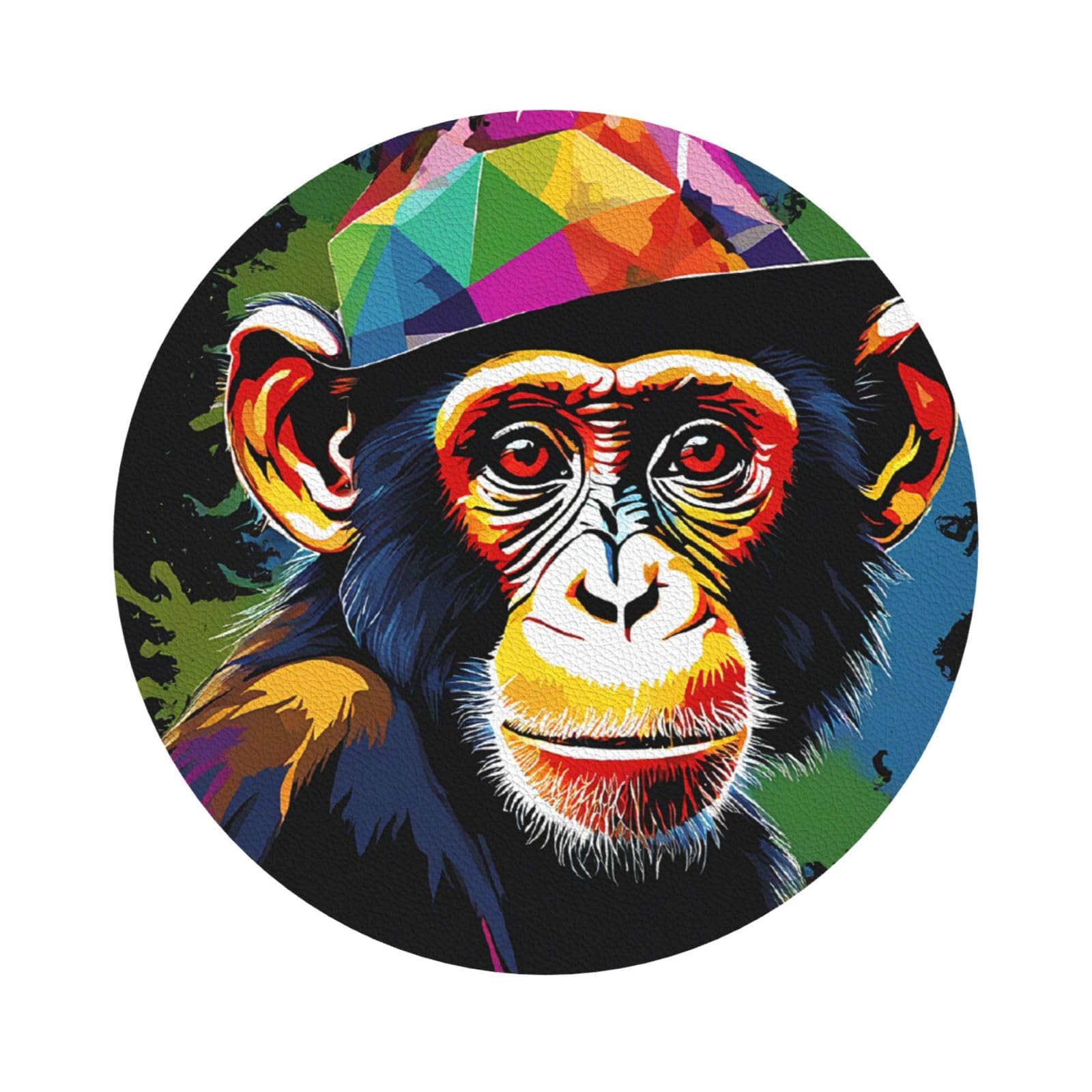 (Monkey) Leather Coaster Set Of 6 Premium Round Shape Drink Coasters For Home Office Restaurant Bar